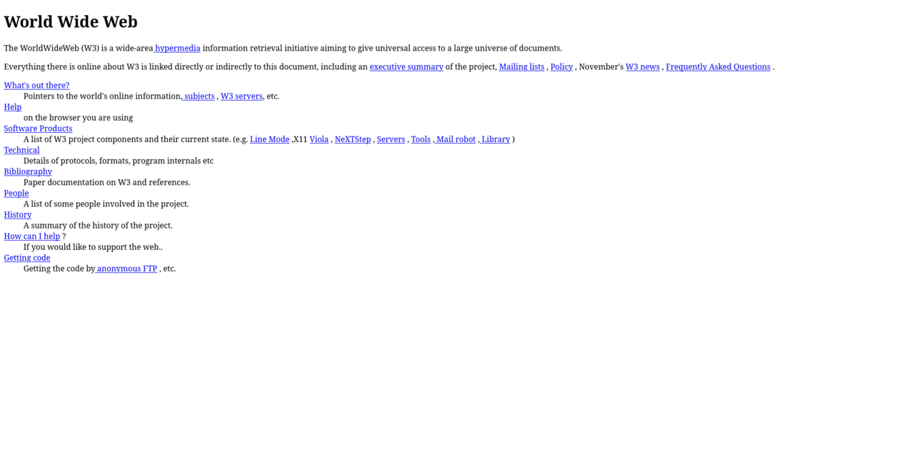 A text capture of the first website’s opening page, describing the World Wide Web project.