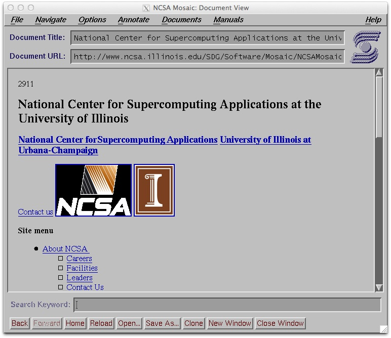 A recreation of the NCSA Mosaic browser interface from the early public Web.